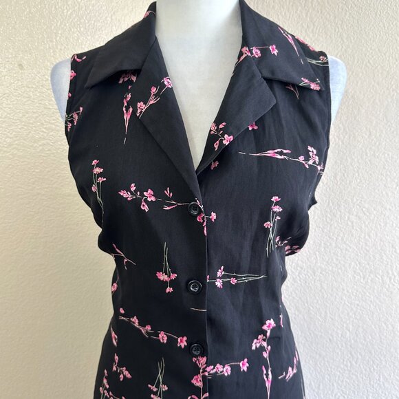 Studio I Petite Vtg 90s Black Floral Collared Midi Button down Dress - Picture 2 of 7